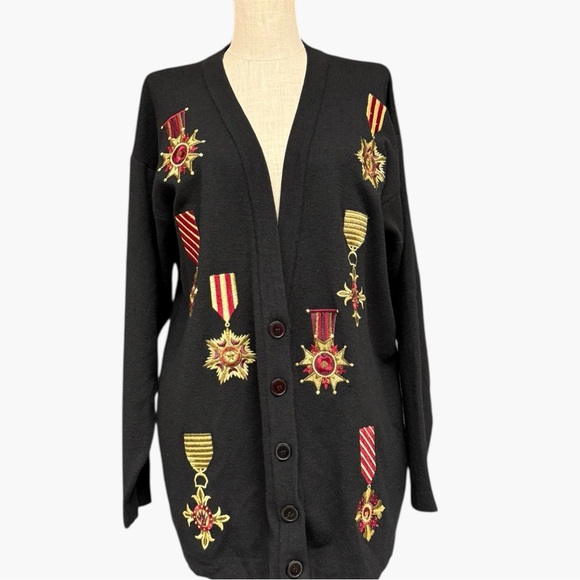 Vintage Jones New York Black Embroidered Medal Cardigan Size Medium 90s - Picture 4 of 10